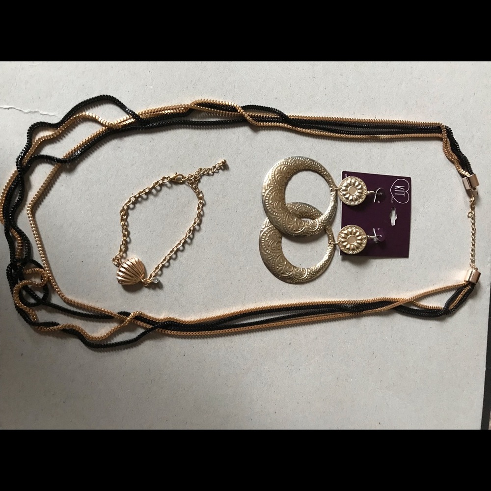 Black Gold Long Necklace Gold Earrings Bracelet